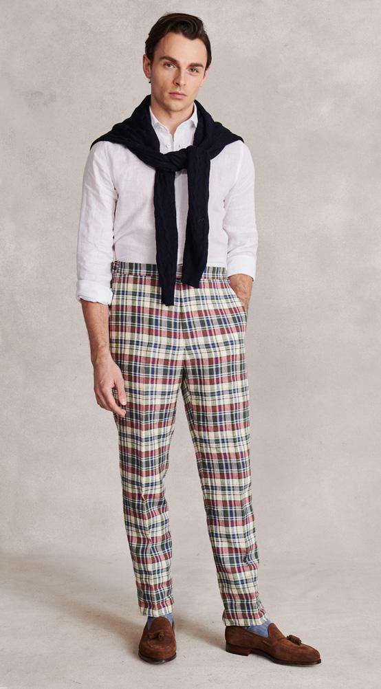 Multi Check Flat Front Linen Trousers