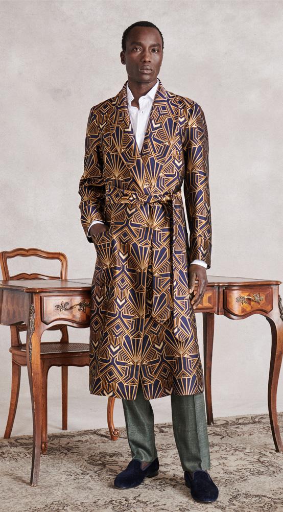 Navy & Gold Art Deco Unlined Silk Dressing Gown