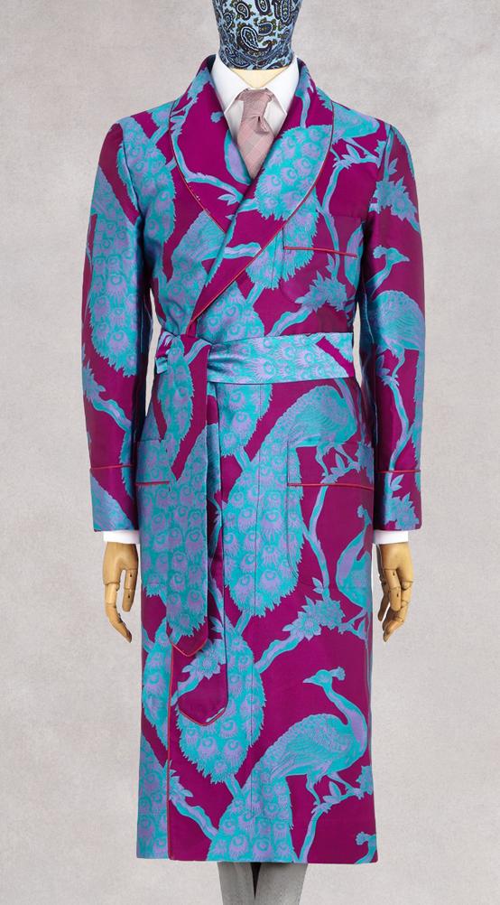 Fuchsia & Turquoise Peacock Unlined Silk Dressing Gown